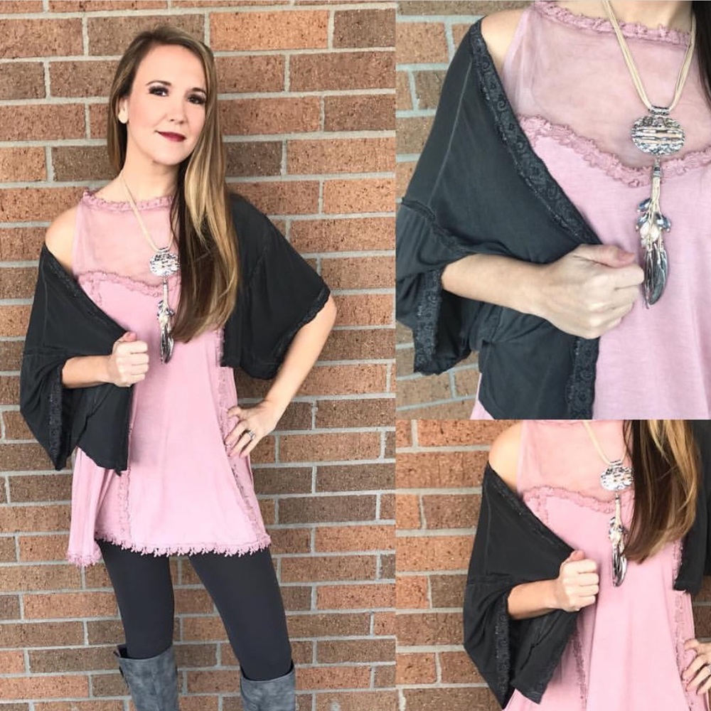 Gray Mineral Wash Lace Butterfly Sleeve Shrug